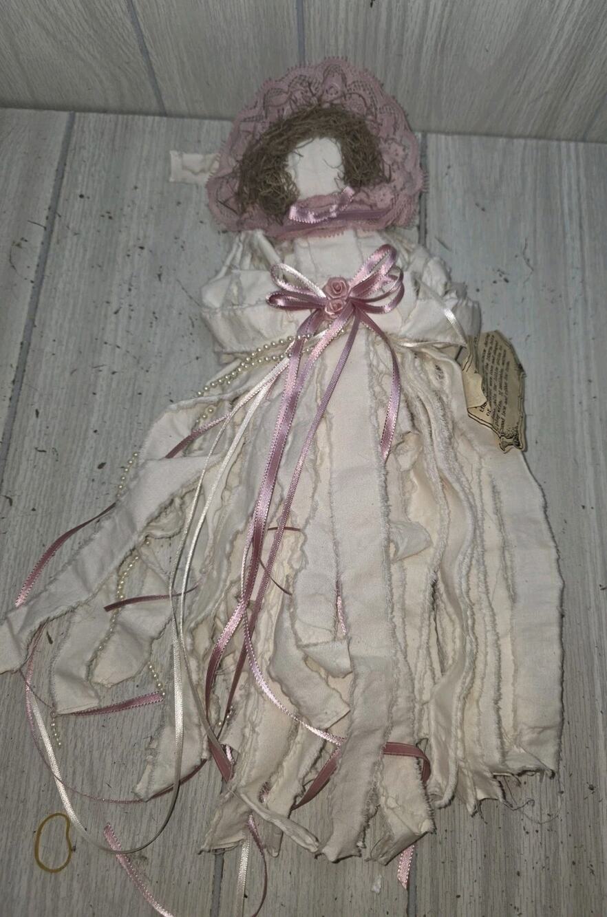 Vtg Homemade Musslin Depression Doll Rag Doll Mauve Ribbon Bows Lace W/Tag